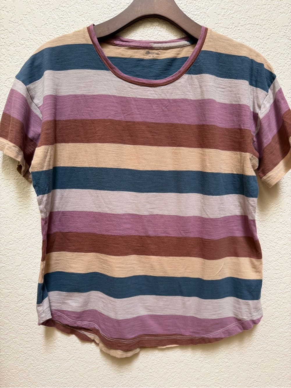 Madewell 100% Cotton Striped Short-Sleeve Crewneck in Mauve, Navy & Tan